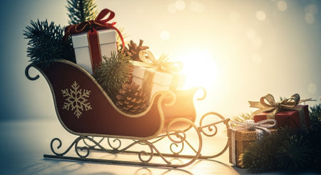 A festive sleigh filled with wrapped gifts, pine cones, and greenery, illuminated by soft light, creating a warm holiday atmosphereの素材