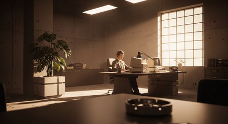 A man sitting at a desk in a modern office, working on a computer, with sunlight streaming through a large window, and a plant in the backgroundの素材