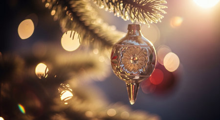 A close-up of a vintage glass ornament hanging from a Christmas tree, with soft bokeh lights in the backgroundの素材