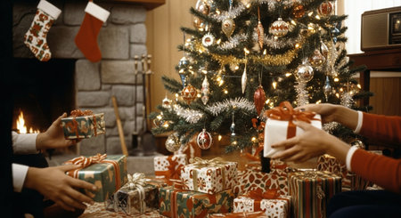 A cozy living room decorated for christmas, featuring a beautifully adorned tree with ornaments and lights, surrounded by wrapped gifts, stockings hung by a fireplaceの素材