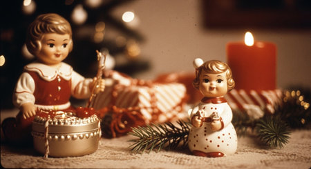 Vintage holiday decorations featuring two ceramic figurines, one holding a basket and the other with a gift, surrounded by festive elements like a candle and wrapped presentsの素材