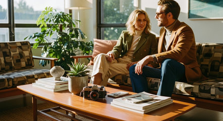A stylish couple sitting together in a modern living room, surrounded by plants and decor, with a coffee table featuring books and a vintage cameraの素材
