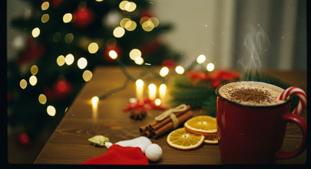 A cozy holiday scene featuring a steaming cup of hot chocolate with a candy cane, surrounded by festive decorations including orange slices, cinnamon sticks, and a Christmas tree in the backgroundの素材