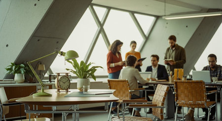 A modern office space with a round table, a desk lamp, a clock, and a plant in the foreground, while a group of professionals collaborates in the backgroundの素材