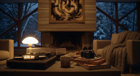 A cozy living room scene with a record player, camera, books, and a warm lamp, set against a snowy backdrop outside the windowの素材
