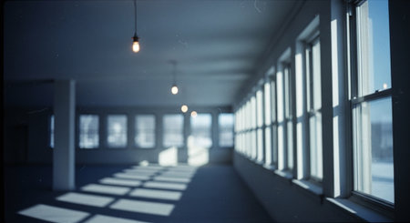A spacious, empty room with large windows casting shadows on the floor, illuminated by hanging light bulbsの素材