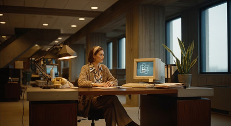 Serious mature businesswoman working at desk in office. Businesswoman sitting at table in modern office.の素材