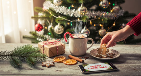 Woman decorating christmas tree with hot chocolate and gingerbread cookiesの素材