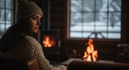 Young woman sitting by the fireplace at home in winter, looking away.の素材