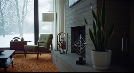 Living room with fireplace, armchair, coffee table and plant in front of windowの素材