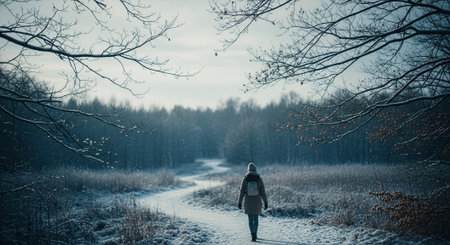 A solitary figure walking along a snowy path in a winter landscape, surrounded by trees and a serene atmosphereの素材