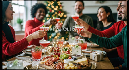 Group of friends toasting with glasses of wine at christmas dinnerの素材