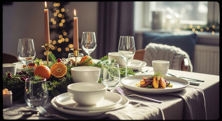 A beautifully set dining table for a festive meal, featuring elegant tableware, candles, and seasonal decorationsの素材