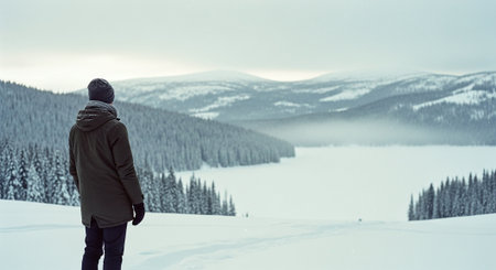 A person standing on a snowy landscape, overlooking a frozen lake surrounded by snow-covered mountains and evergreen trees, with a cloudy skyの素材