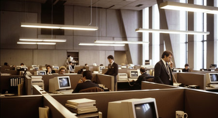 A busy office environment with cubicles, computers, and employees working, showcasing a professional atmosphereの素材