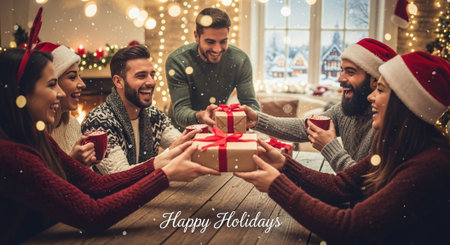 A group of friends celebrating the holidays, exchanging gifts and enjoying hot drinks, festive decorations in the background, cozy indoor settingの素材