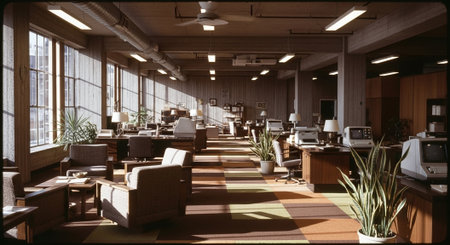 A spacious office interior featuring multiple desks, vintage computers, and large windows allowing natural light, with plants and comfortable seating areasの素材