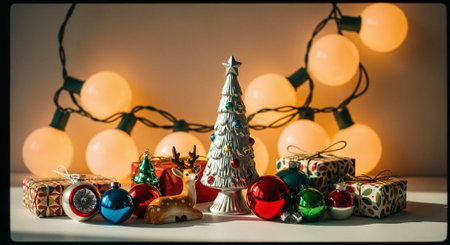 A festive arrangement featuring a silver Christmas tree, colorful ornaments, a small reindeer figurine, and wrapped gifts, illuminated by warm string lights in the backgroundの素材