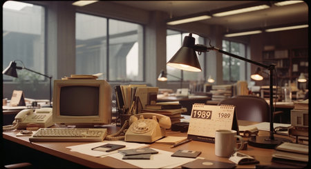 A vintage office desk setup from 1989 featuring an old computer, rotary phone, floppy disks, a calendar, and a coffee mugの素材