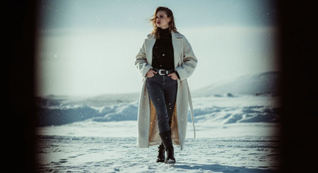 A woman standing in a snowy landscape wearing a long coat and black outfit, with snowflakes falling around herの素材