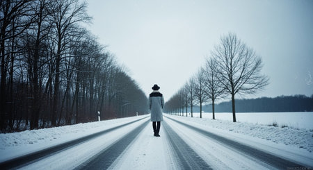 A person walking alone on a snowy road surrounded by bare trees, winter landscape, overcast skyの素材