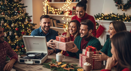 A group of friends celebrating christmas together, exchanging gifts around a table decorated with holiday items, a christmas tree in the backgroundの素材