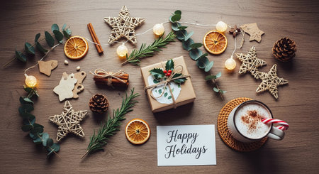 A cozy holiday arrangement featuring a gift box, festive decorations, dried orange slices, pine cones, and a cup of hot cocoa with a candy cane, all on a wooden surfaceの素材