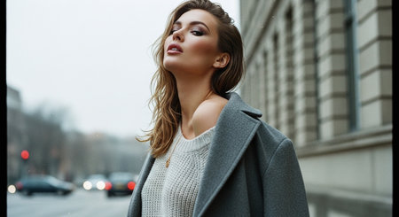 A stylish woman with long hair wearing a gray coat and white sweater, posing confidently on a city street with a blurred urban backgroundの素材