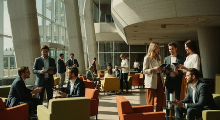 A modern office space with professionals engaging in discussions, some using tablets, bright and spacious environment with large windowsの素材