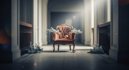 A vintage armchair decorated with Christmas ornaments and greenery, placed in a dimly lit hallway with elegant architectureの素材