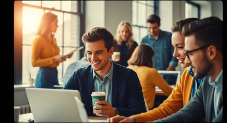 A group of young professionals collaborating in a modern office space, with a warm sunset glow, one man smiling while holding a coffee cup, others engaged with laptopsの素材