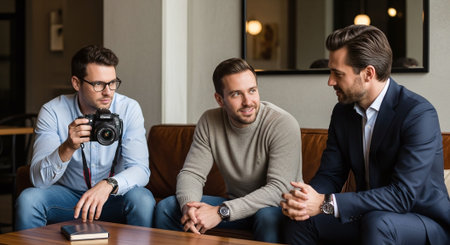 Three men sitting in a modern lounge, one holding a camera, engaged in conversation, stylish attire, casual and professional atmosphereの素材