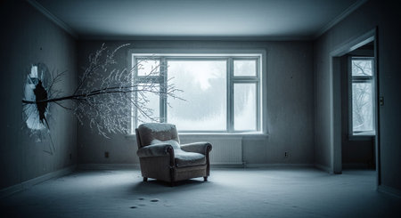 A lonely armchair in a snow-covered room with a large window, a tree branch protruding through the wall, creating an eerie atmosphereの素材