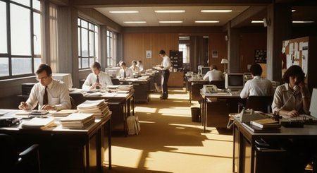 A busy office environment with multiple desks, people working, large windows letting in natural light, stacks of papers, and vintage office equipmentの素材