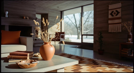 A cozy living room with a modern design, featuring a vase of dried flowers on a coffee table, books stacked nearby, and a large window showing a winter landscape outsideの素材