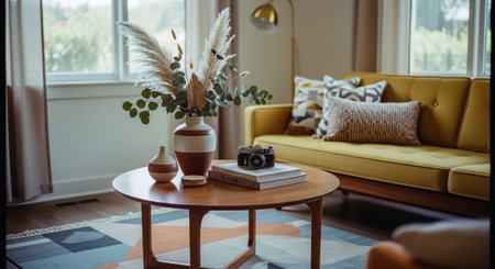 A cozy living room featuring a yellow sofa, a round coffee table with decorative items, and a vase with dried flowersの素材