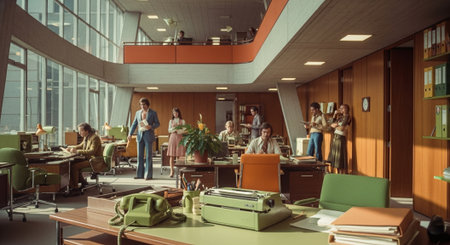 A retro office scene featuring people working at desks, vintage furniture, large windows, and a bright atmosphereの素材