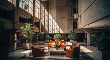 A spacious lobby with modern architecture, featuring large windows allowing natural light, orange leather chairs, and potted plants, creating a welcoming atmosphereの素材