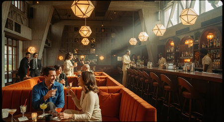 A lively bar scene with patrons enjoying drinks, warm lighting, geometric pendant lamps, and a stylish interior designの素材