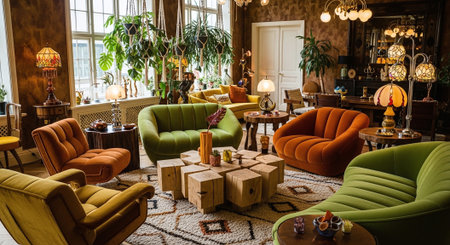 A stylish retro living room featuring colorful furniture, including green, orange, and yellow sofas, wooden coffee table, and various decorative plantsの素材