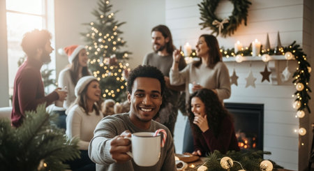 A joyful group of friends celebrating Christmas in a cozy living room, with a decorated tree, festive lights, and a warm fireplaceの素材