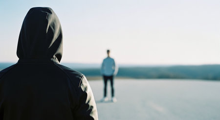 A person in a hoodie facing away from the camera, looking at another person in a light-colored hoodie standing in the distance on an open landscapeの素材