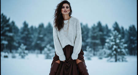 A woman in a cozy sweater and long skirt poses in a snowy landscape, surrounded by evergreen treesの素材