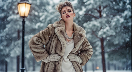 A fashionable woman in a fur coat standing in a snowy landscape, with a vintage lamp post in the background, snowflakes falling around herの素材