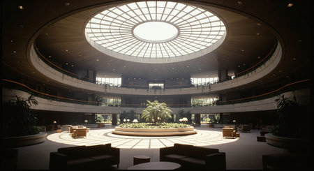 A spacious modern atrium with a circular skylight, surrounded by plants and seating areas, featuring a central garden and natural lightの素材