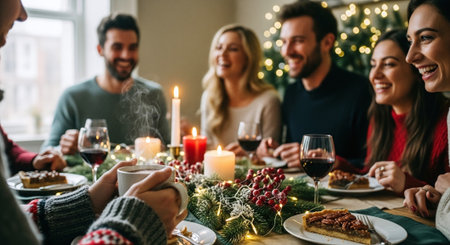 A group of friends enjoying a festive dinner, sitting around a table decorated with candles and holiday treats, warm atmosphere, smiling faces, cozy settingの素材