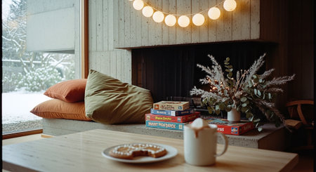 Cozy indoor scene with a fireplace, cushions, and a table with a mug and cookies, decorated with fairy lights and a plant, snow outsideの素材