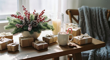 A cozy holiday scene featuring a wooden table adorned with wrapped gifts, a festive arrangement of pinecones and berries, a candle, and a mug of hot cocoa topped with marshmallows and a candy caneの素材