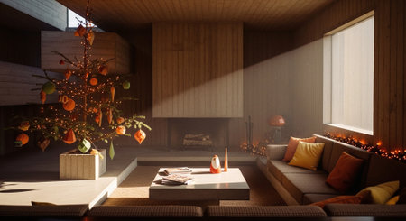 A cozy modern living room decorated for the holidays, featuring a beautifully adorned Christmas tree with colorful ornaments, warm lighting, and a fireplaceの素材