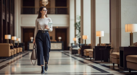 A professional woman walking through a stylish hotel lobby, holding a notebook and a bag, dressed in a modern outfit, with elegant decor in the backgroundの素材